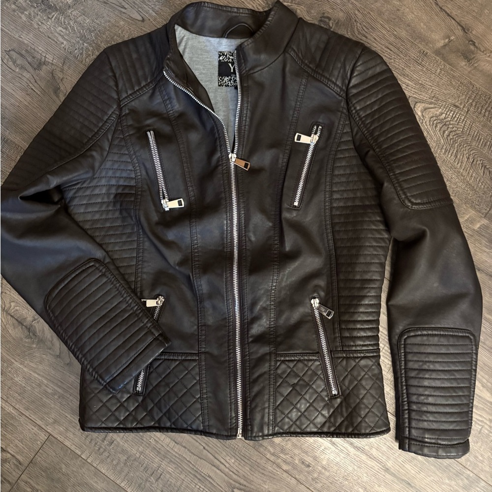 YMI Black‎ Quilted Faux Leather Bomber Jacket